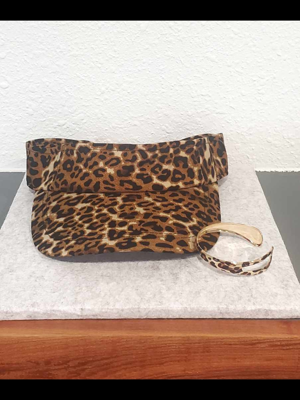 Womens Leopard Print Visor Hat with Matching Bracelet - Brown